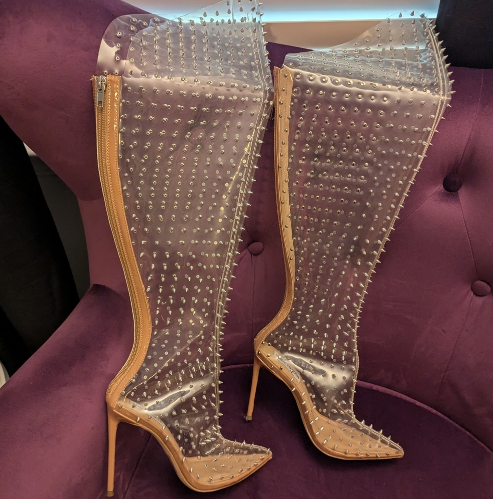 Steve Madden Clear Studded Thigh-High Boots with Tan Accents 7